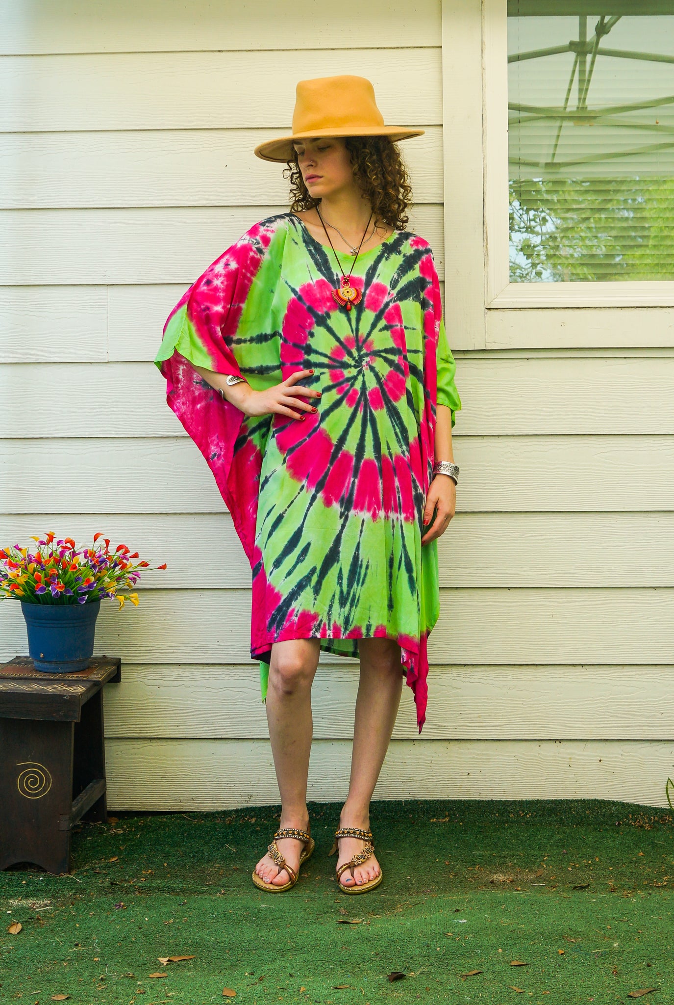 Spiral Tie-Dye Kaftan Dress – Pink & Green