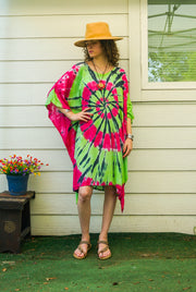 Spiral Tie-Dye Kaftan Dress – Pink & Green