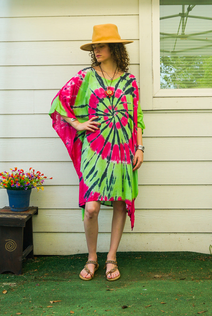 Spiral Tie-Dye Kaftan Dress – Pink & Green