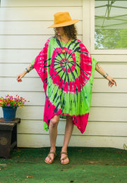 Spiral Tie-Dye Kaftan Dress – Pink & Green