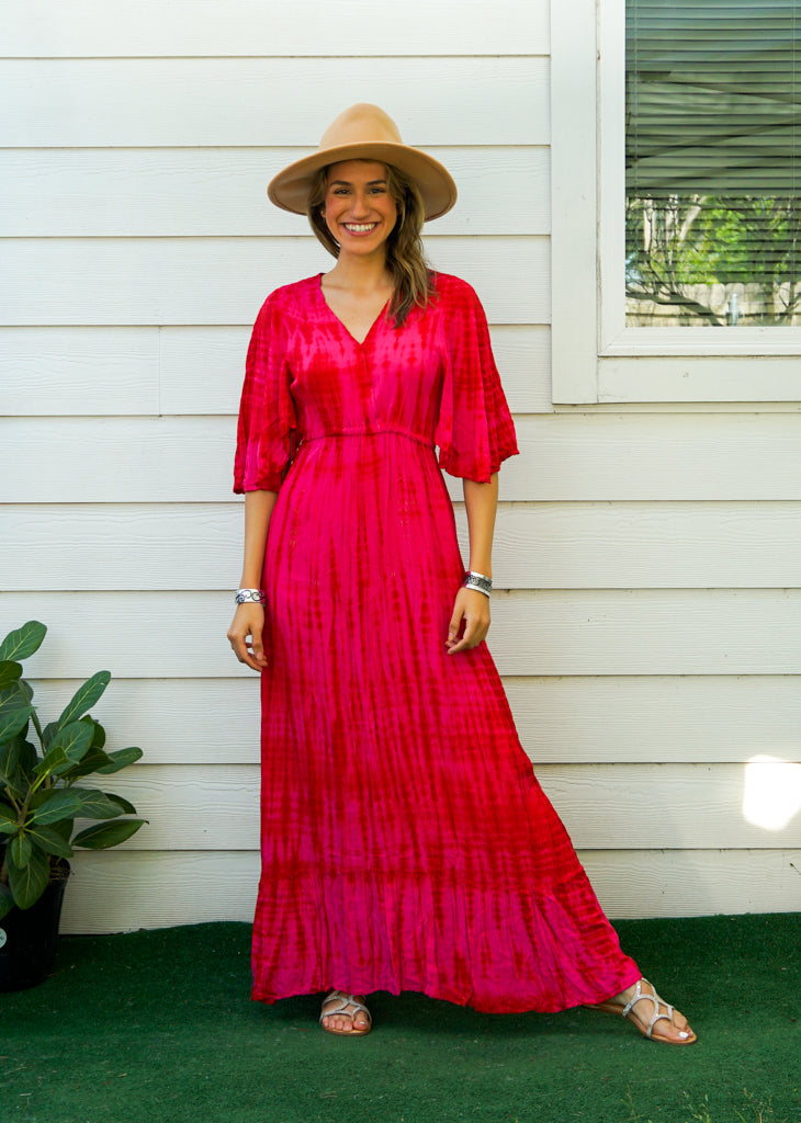 Crimson Bloom Maxi Tie Dye Tiered Dress