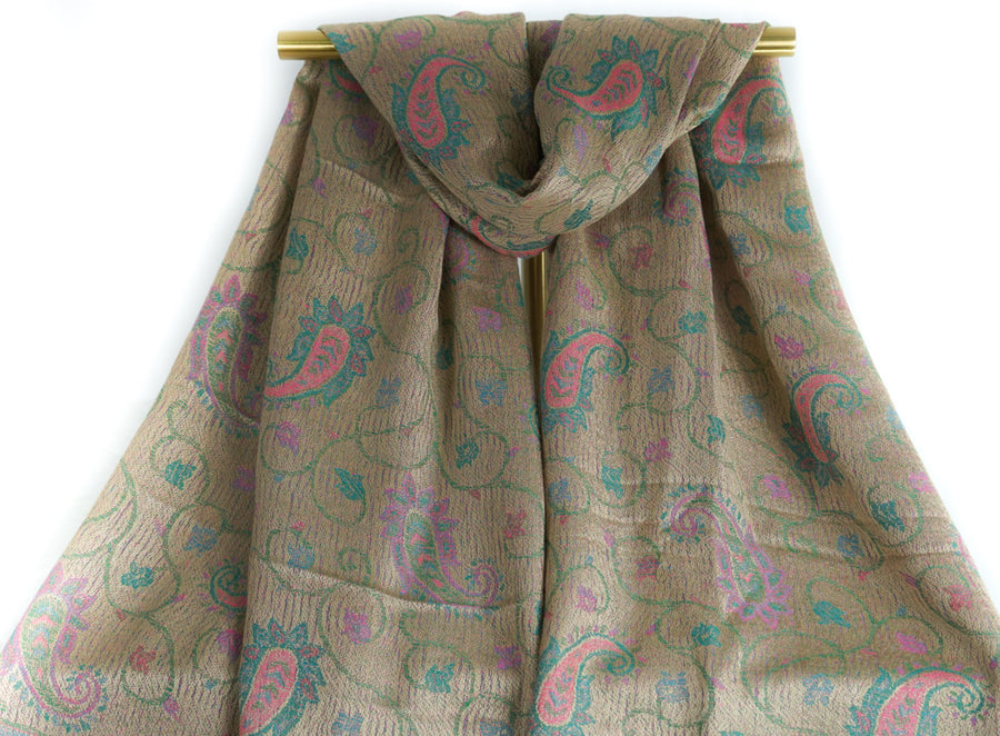 Beige Paisley Vines Pashmina Scarf Bohemian Shawl