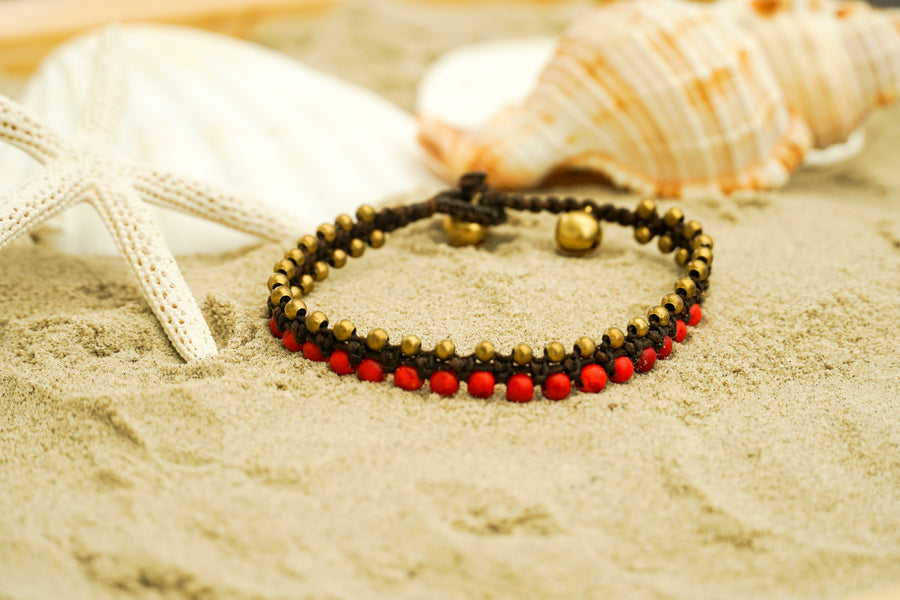 Red Beaded Bracelet with Brass Accents