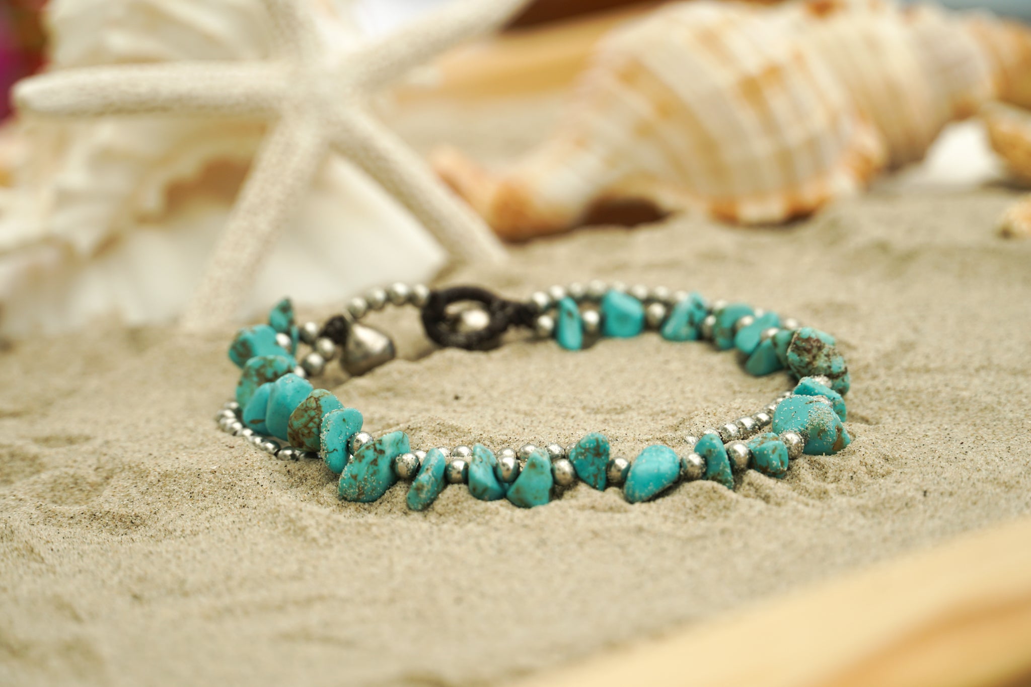 Turquoise Stone Chip Bracelet with Silver Beads