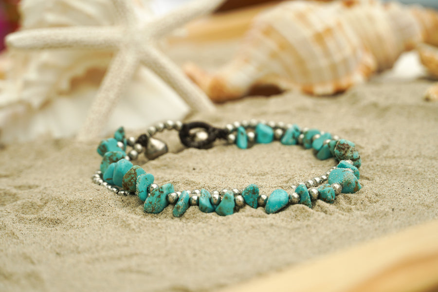 Turquoise Stone Chip Bracelet with Silver Beads