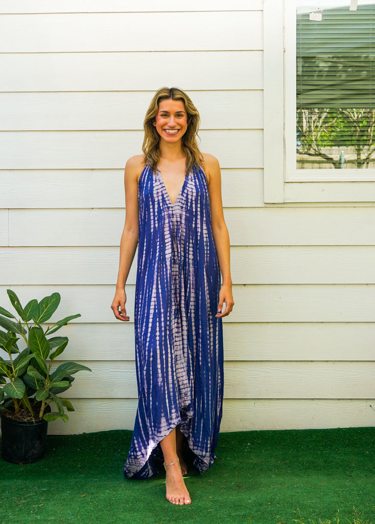 Indigo Waves Hand Dyed Boho Maxi Dress