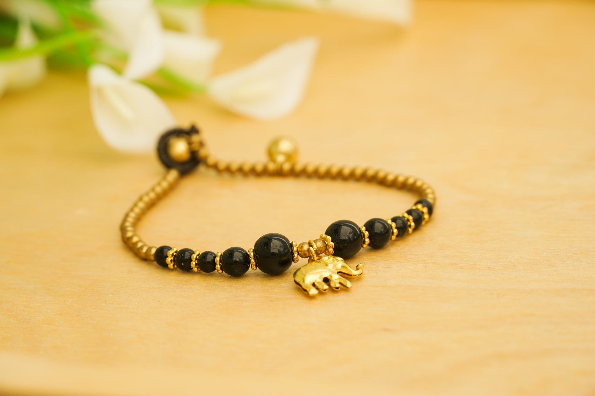 Black & Gold Elephant Charm Bracelet