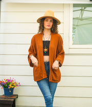 Rust Orange Organic Crinkled Double Gauze Cotton Kimono Blouse Cardigan with Pockets