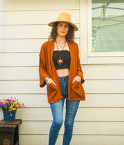 Rust Orange Organic Crinkled Double Gauze Cotton Kimono Blouse Cardigan with Pockets