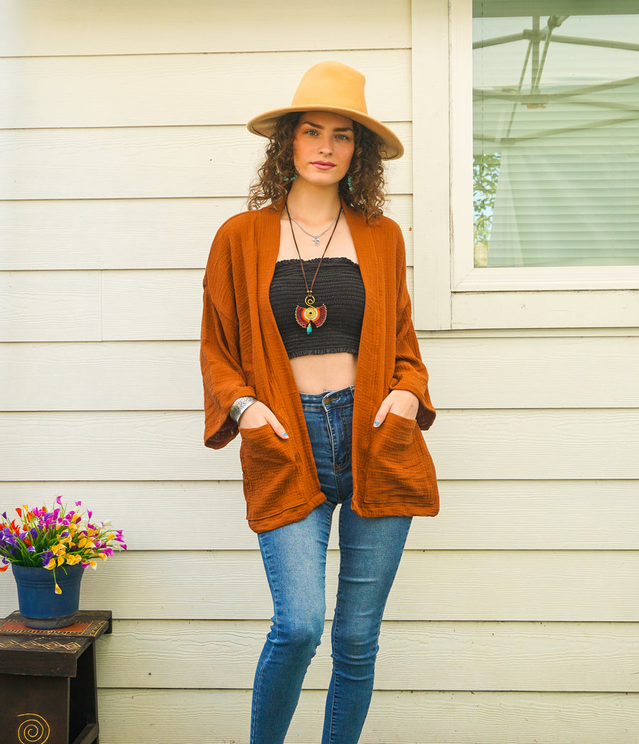 Rust Orange Organic Crinkled Double Gauze Cotton Kimono Blouse Cardigan with Pockets