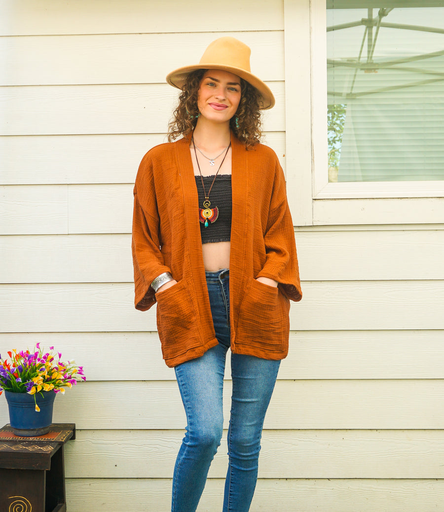 Rust Orange Organic Crinkled Double Gauze Cotton Kimono Blouse Cardigan with Pockets