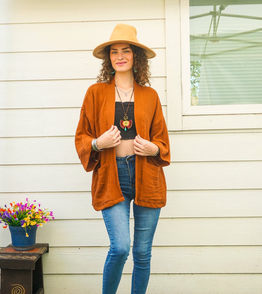 Rust Orange Organic Crinkled Double Gauze Cotton Kimono Blouse Cardigan with Pockets