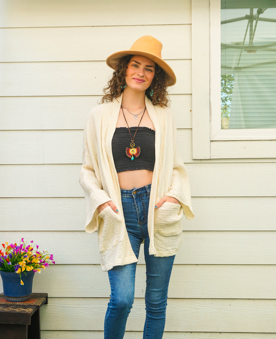 Raw Natural Double Gauze Crinkled Muslin Cotton Oversized Kimono Blouse Cardigan with Pockets