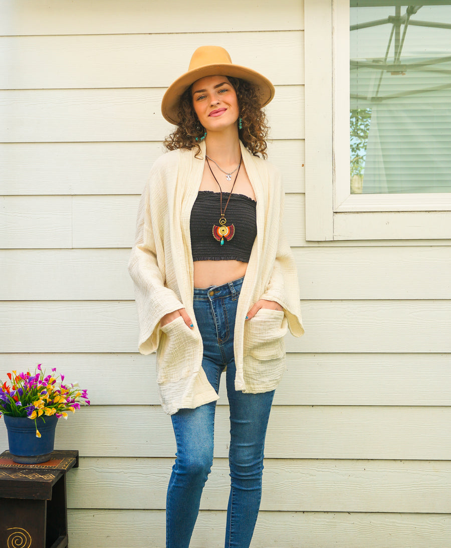Raw Natural Double Gauze Crinkled Muslin Cotton Oversized Kimono Blouse Cardigan with Pockets
