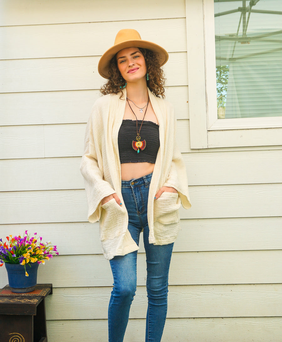 Raw Natural Double Gauze Crinkled Muslin Cotton Oversized Kimono Blouse Cardigan with Pockets