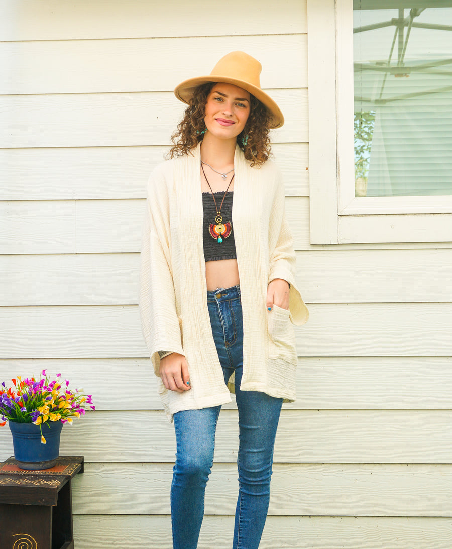 Raw Natural Double Gauze Crinkled Muslin Cotton Oversized Kimono Blouse Cardigan with Pockets