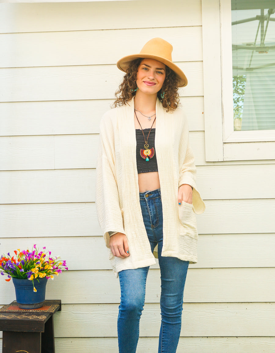 Raw Natural Double Gauze Crinkled Muslin Cotton Oversized Kimono Blouse Cardigan with Pockets