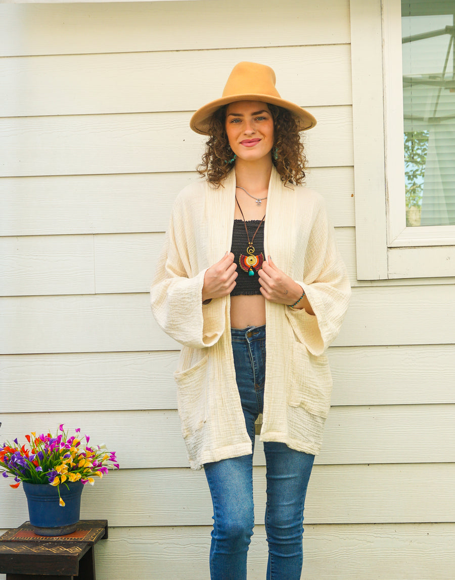 Raw Natural Double Gauze Crinkled Muslin Cotton Oversized Kimono Blouse Cardigan with Pockets