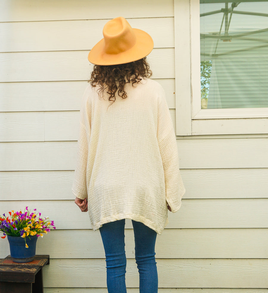Raw Natural Double Gauze Crinkled Muslin Cotton Oversized Kimono Blouse Cardigan with Pockets