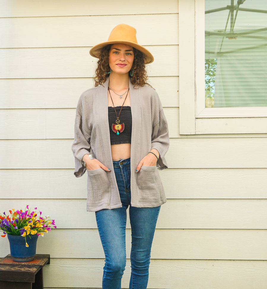 Gray Organic Crinkled Double Gauze Cotton Kimono Blouse Cardigan with Pockets