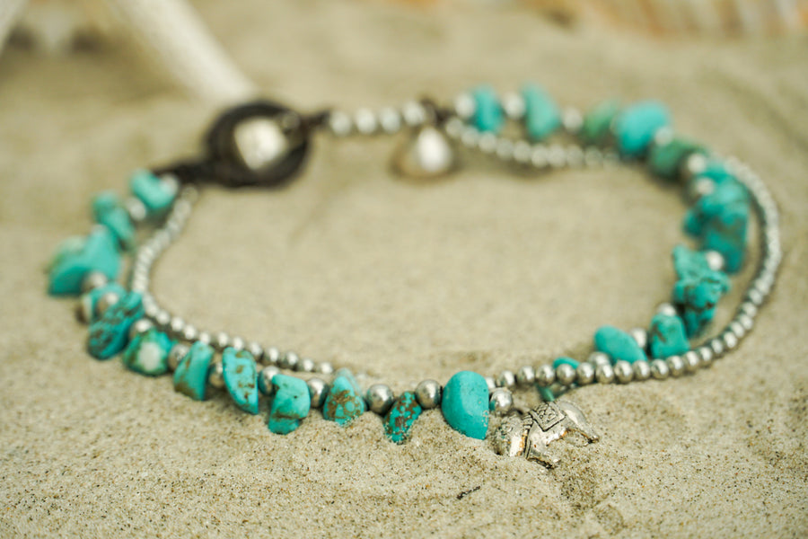 Turquoise Chip Elephant Charm Bracelet – Boho Layered Style