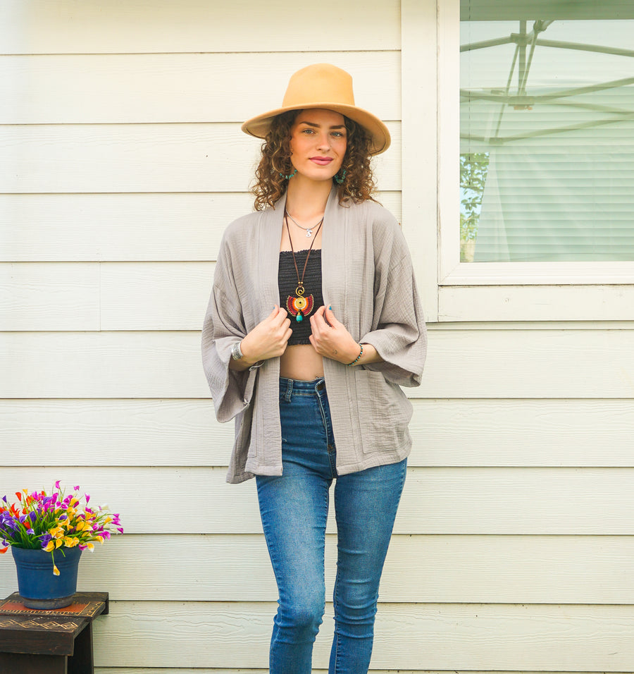 Gray Organic Crinkled Double Gauze Cotton Kimono Blouse Cardigan with Pockets