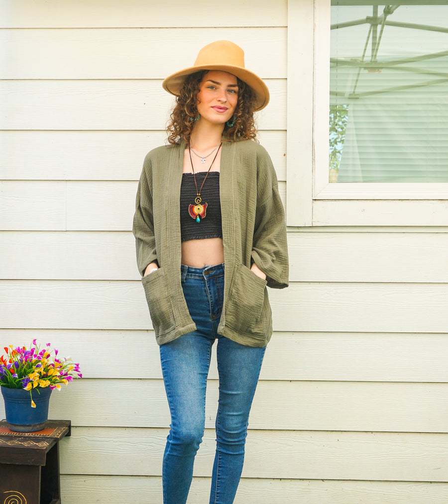 Sage Green Organic Crinkled Double Gauze Cotton Kimono Blouse Cardigan with Pockets