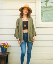 Sage Green Organic Crinkled Double Gauze Cotton Kimono Blouse Cardigan with Pockets
