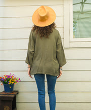 Sage Green Organic Crinkled Double Gauze Cotton Kimono Blouse Cardigan with Pockets