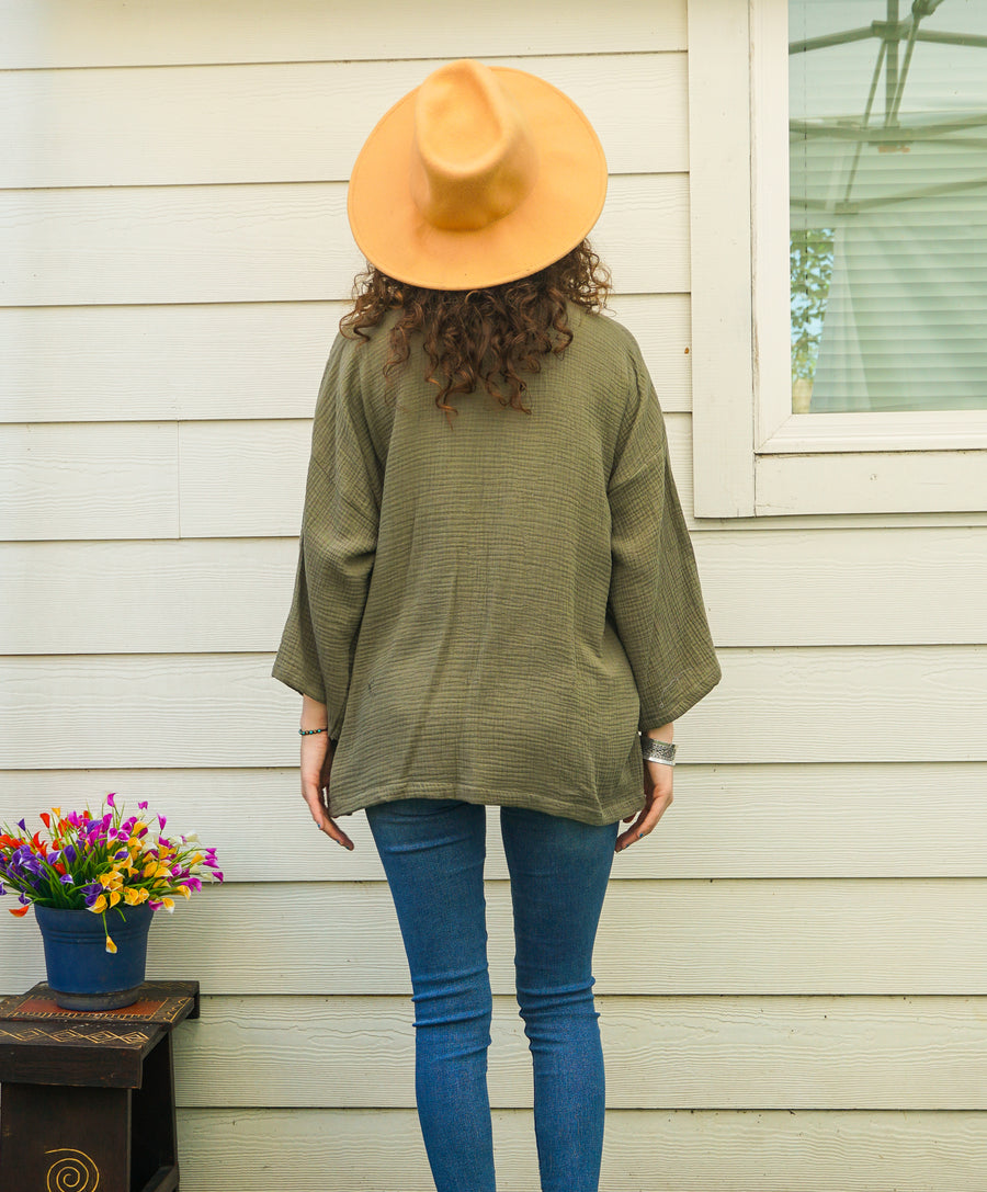 Sage Green Organic Crinkled Double Gauze Cotton Kimono Blouse Cardigan with Pockets