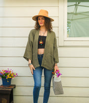 Sage Green Organic Crinkled Double Gauze Cotton Kimono Blouse Cardigan with Pockets