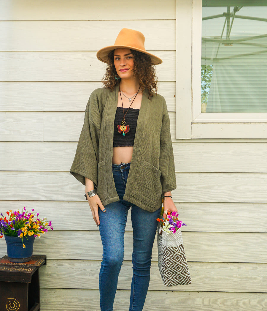 Sage Green Organic Crinkled Double Gauze Cotton Kimono Blouse Cardigan with Pockets