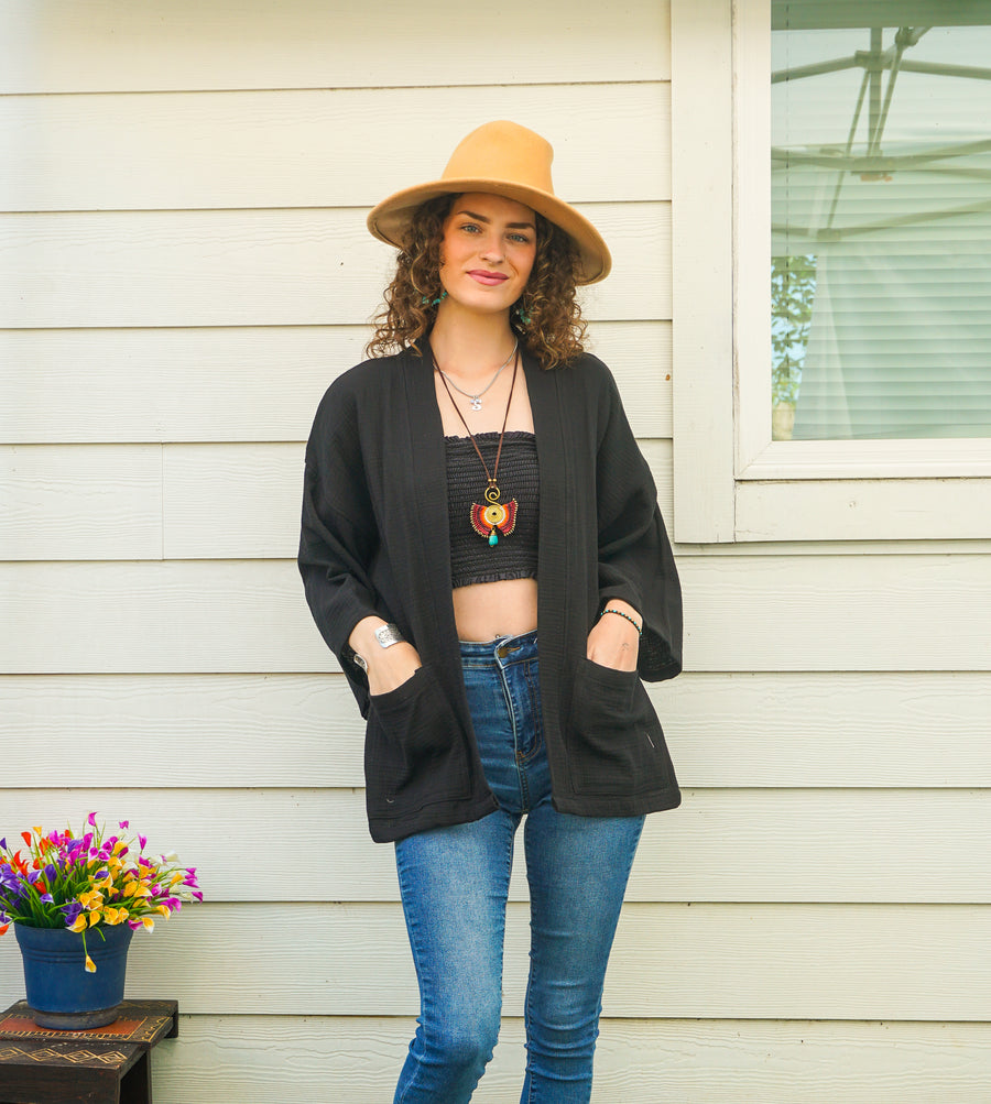 Black Organic Crinkled Double Gauze Cotton Kimono Blouse Cardigan with Pockets
