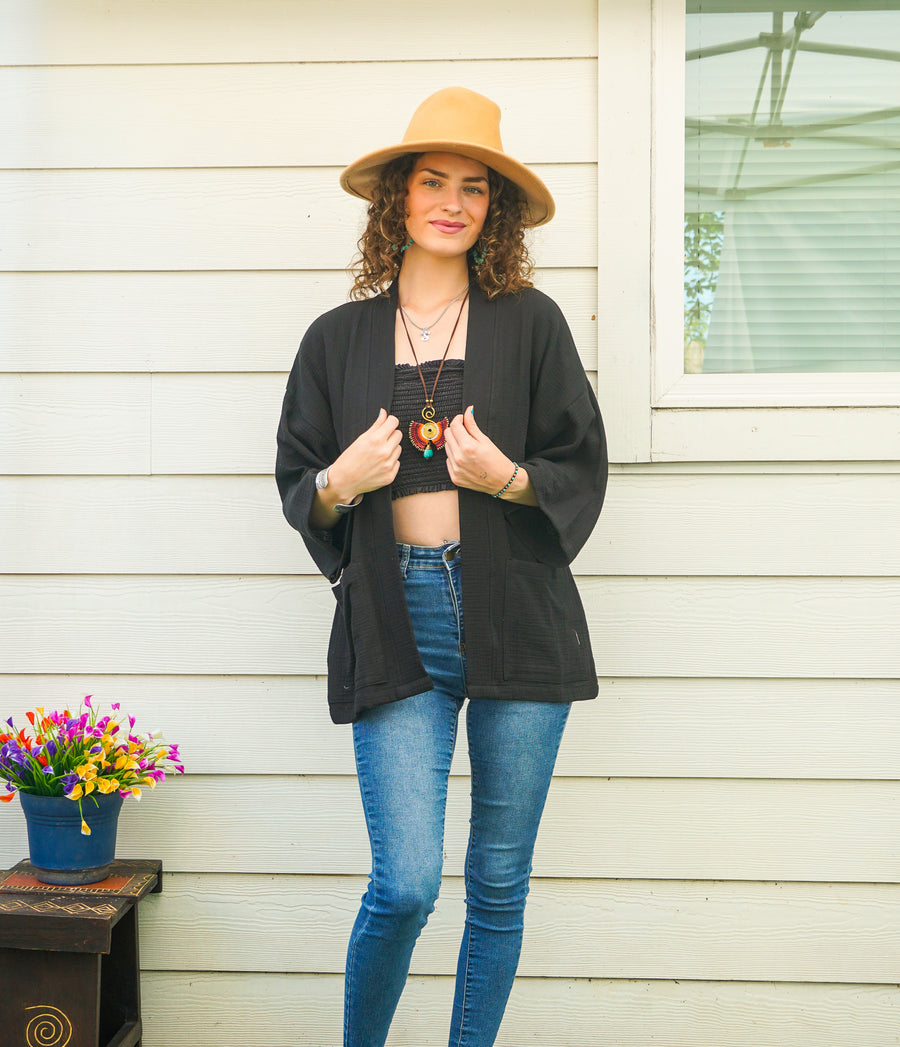 Black Organic Crinkled Double Gauze Cotton Kimono Blouse Cardigan with Pockets