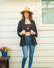 Black Organic Crinkled Double Gauze Cotton Kimono Blouse Cardigan with Pockets