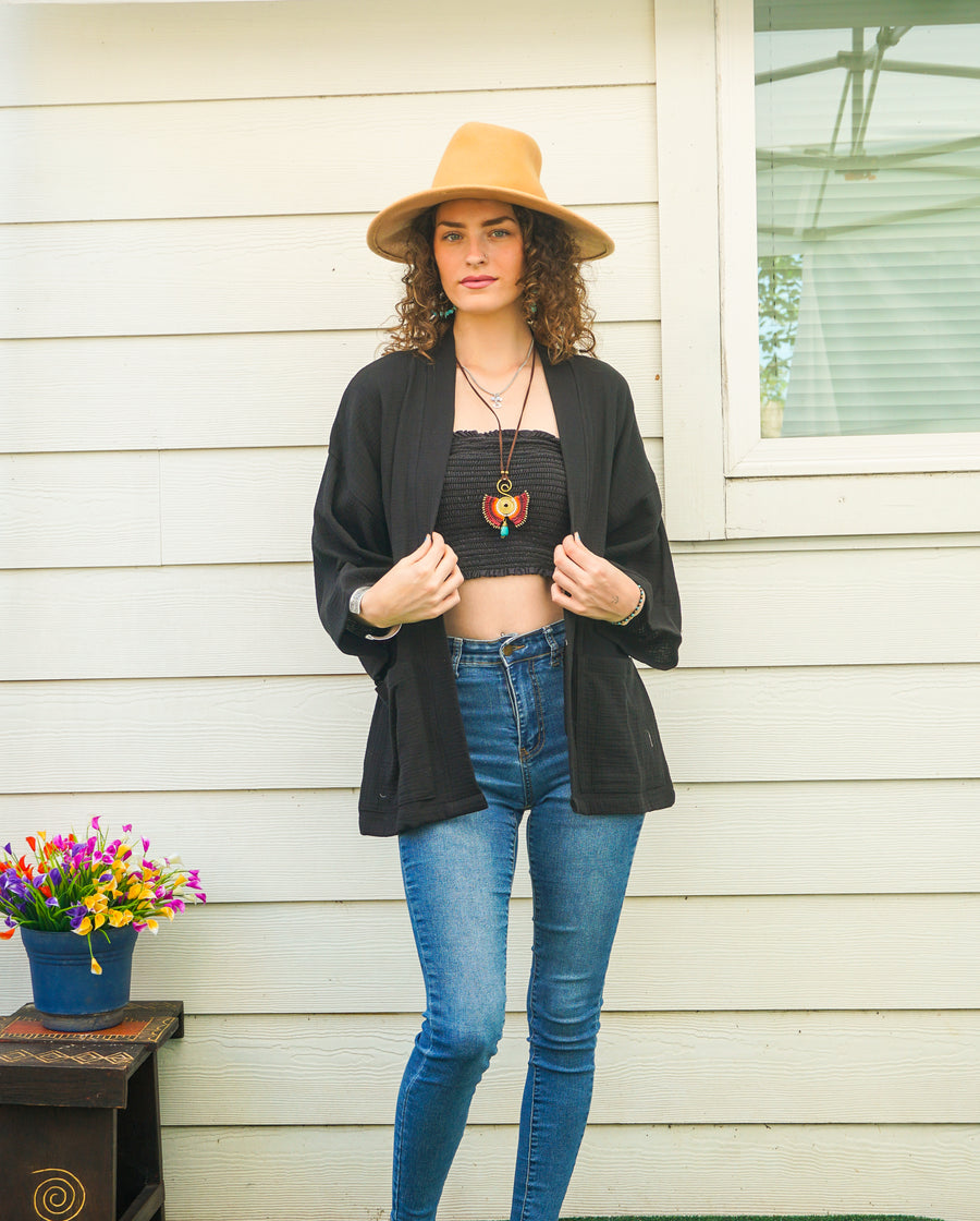 Black Organic Crinkled Double Gauze Cotton Kimono Blouse Cardigan with Pockets