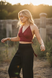 Burgundy Halter Wrap Crop Top – Boho Festival Style Top