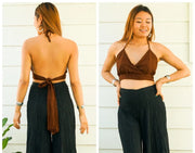 Brown Halter Wrap Crop Top – Boho Tie-Back Summer Top