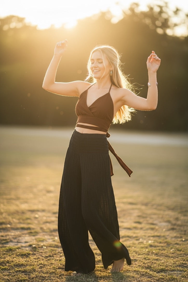 Brown Halter Wrap Crop Top – Boho Tie-Back Summer Top