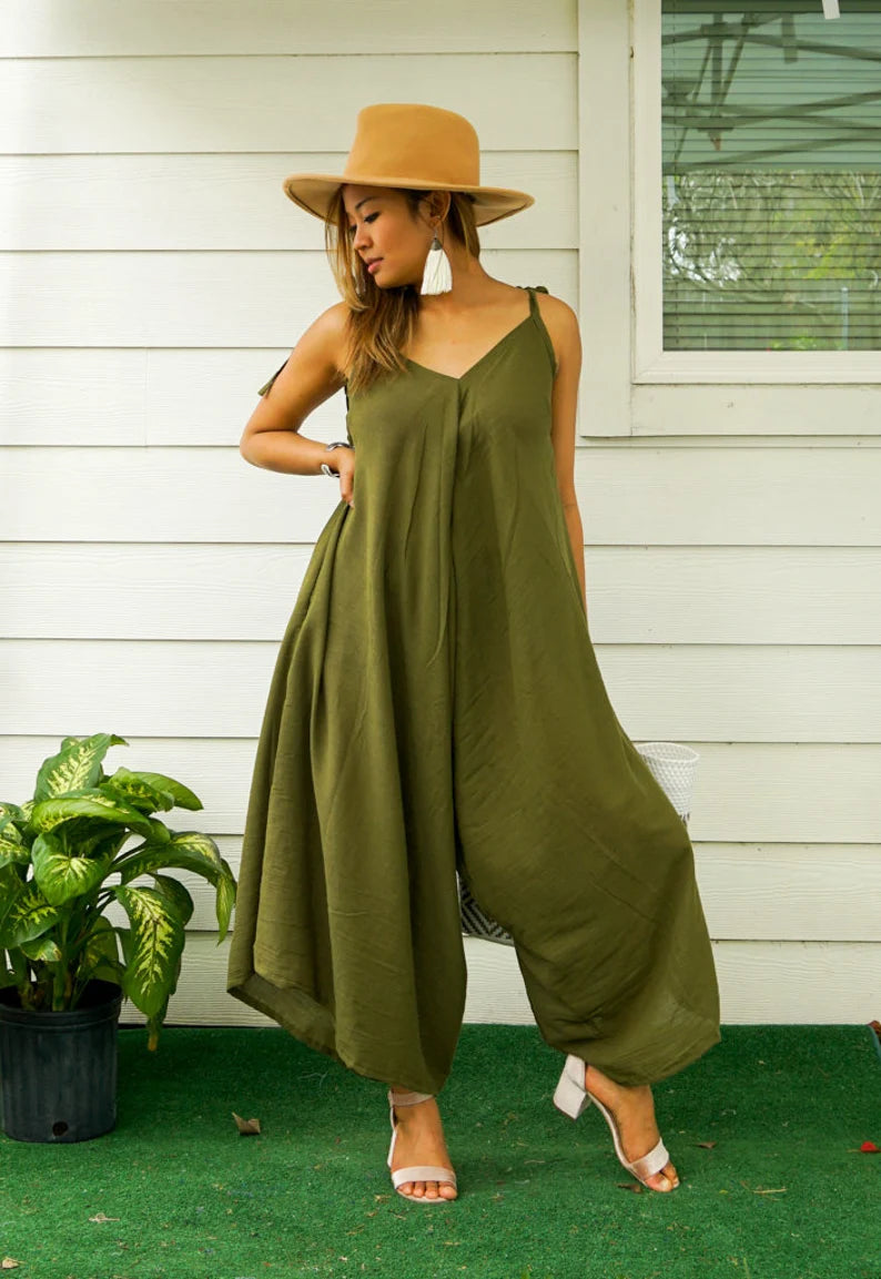 Olive Cotton Gauze Wide-Leg Jumpsuit