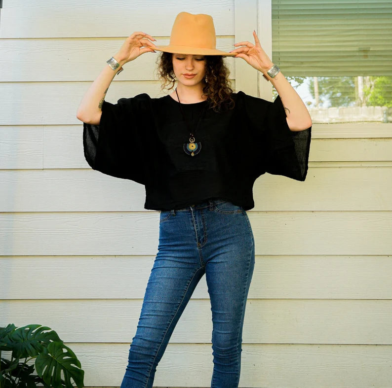 Black Gauze Ease Kimono Top
