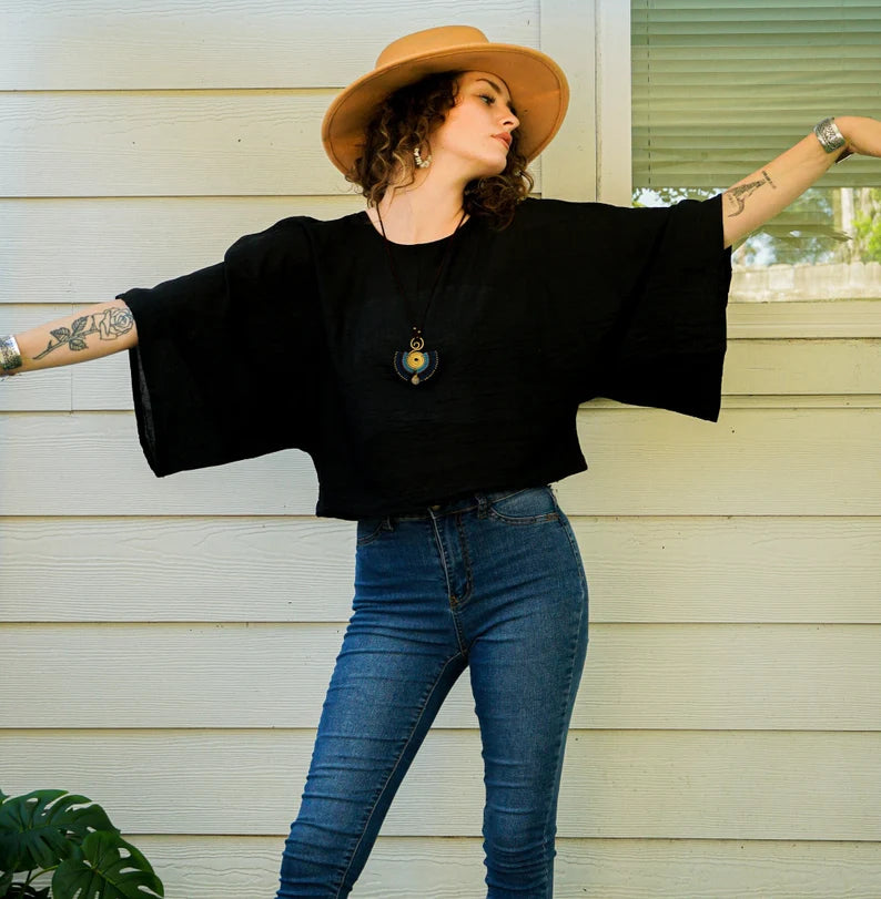 Black Gauze Ease Kimono Top