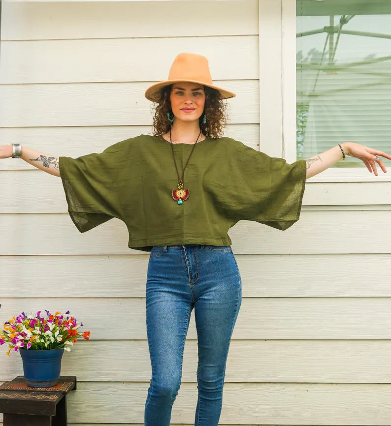Olive Earth Gauze Top