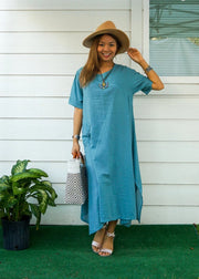 Turquoise Blue Raw Natural Cotton Gauze Dress with Pocket