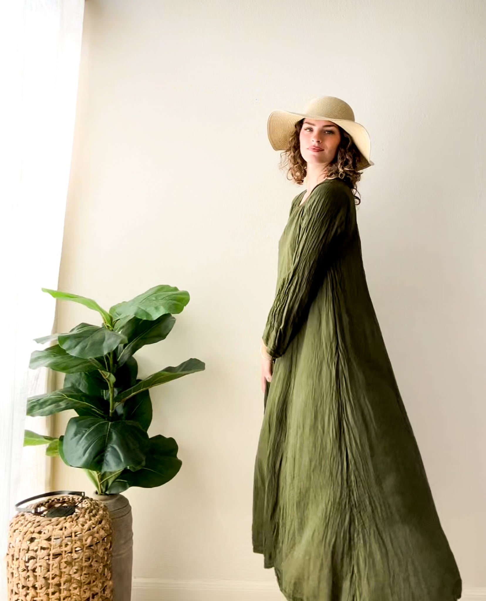 Olive Earth Organic Crinkled Cotton Dress
