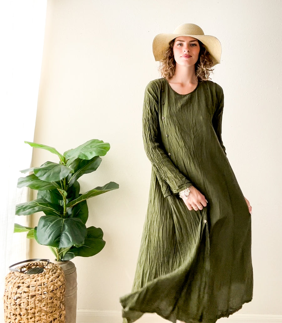 Olive Earth Organic Crinkled Cotton Dress