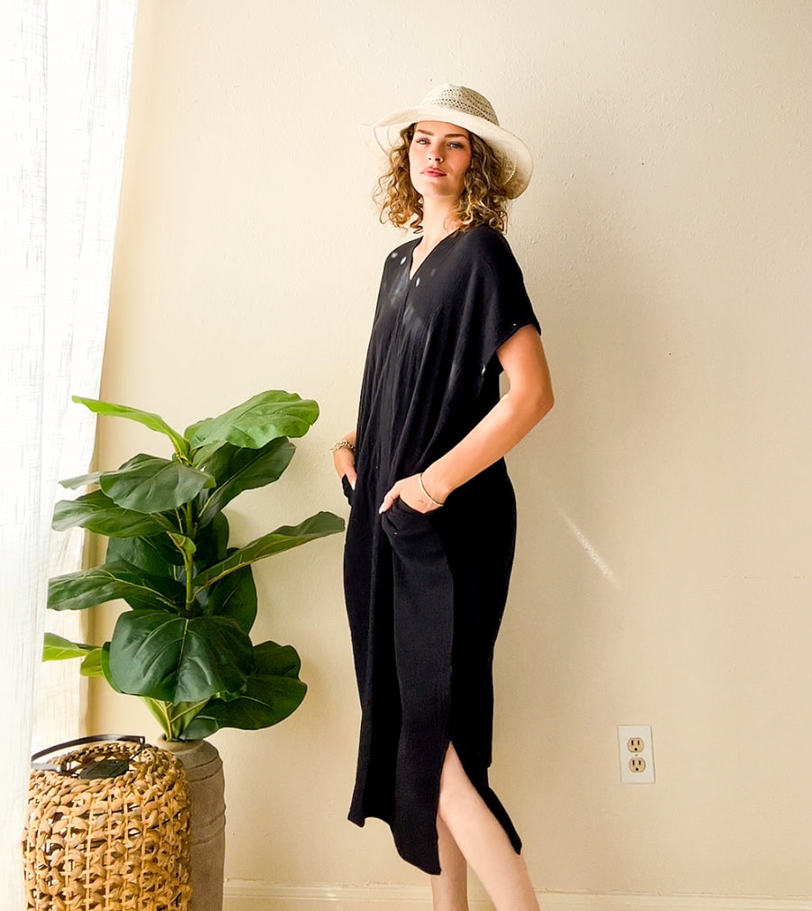 Black Ease Double Gauze Kaftan Dress