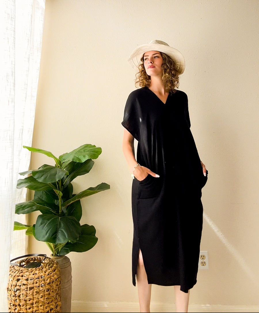 Black Ease Double Gauze Kaftan Dress
