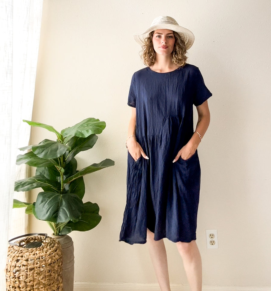 Indigo Crinkled Cotton Midi Dress