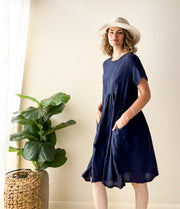 Indigo Crinkled Cotton Midi Dress